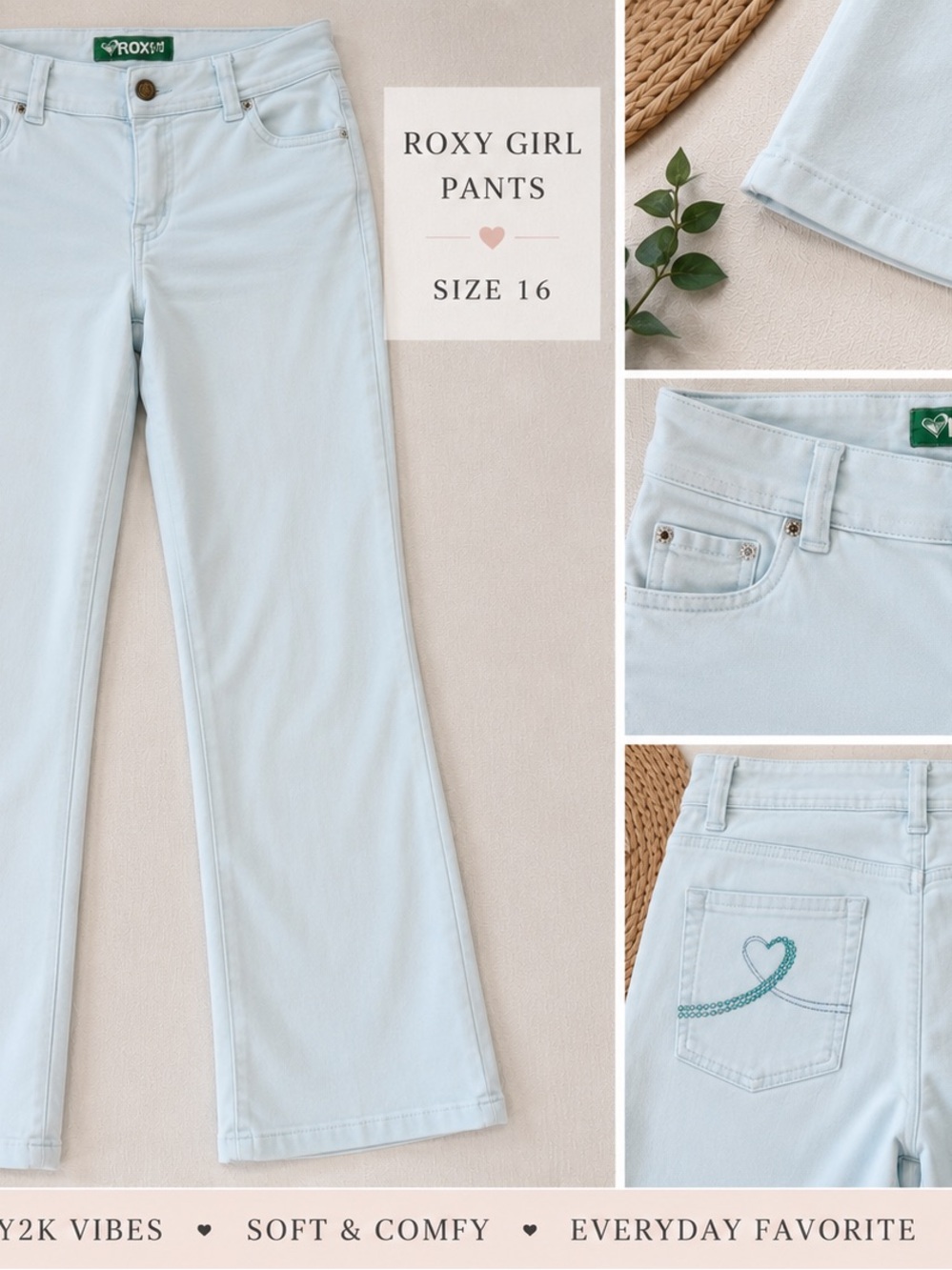 Roxy Light Blue Embroidered Heart Flare Jeans